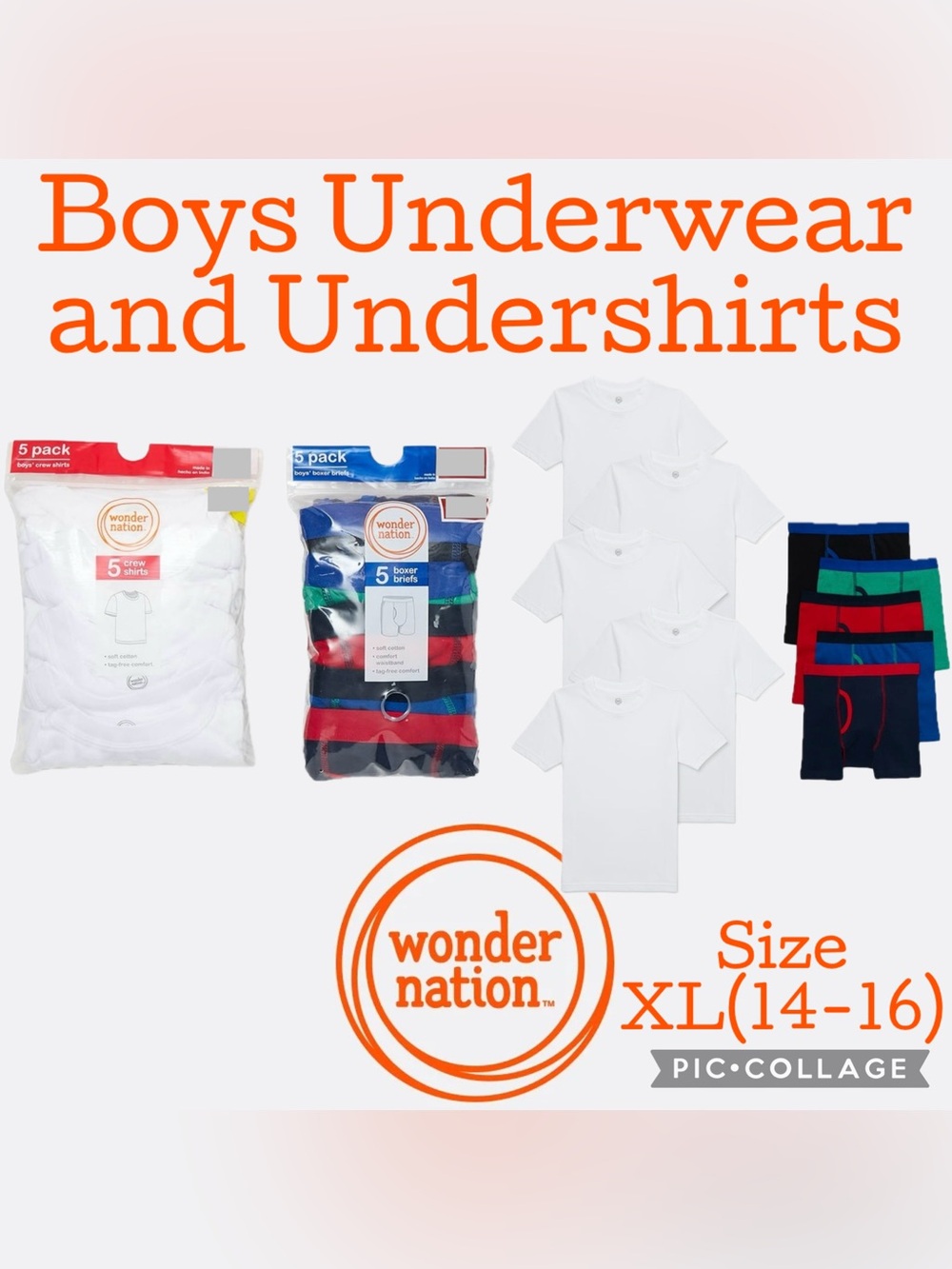 Wonder Nation Boys Boxer Briefs Underwear Crew Undershirts 10 Pc Size XL(14-16)